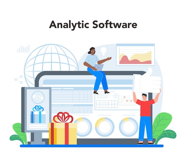 Brand manager online service or platform Business specialist create unique design of a company Brand recognition Analytic software Isolated flat illustration