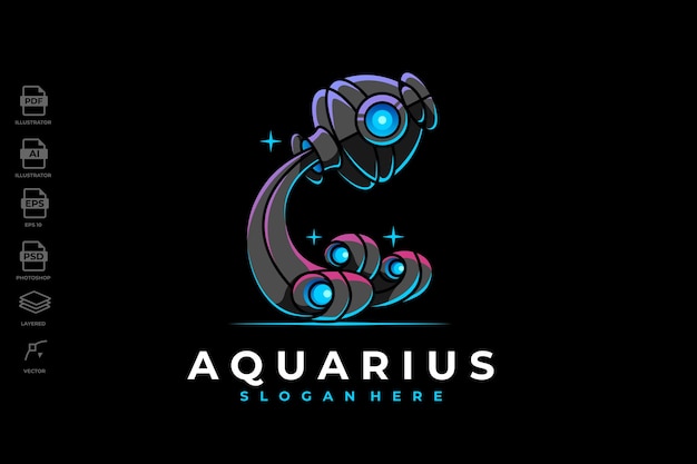 Brand New Design Futuristic and Modern Zodiac Aquarius Logo in Mecha Robotic Geometric Design