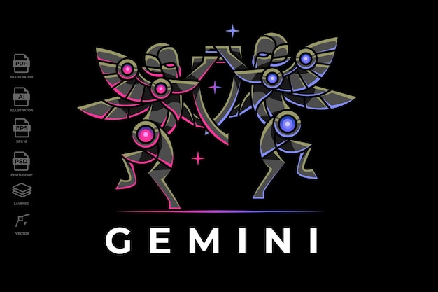 Brand New Design Futuristic and Modern Zodiac Gemini Logo in Mecha Robotic Geometric Design