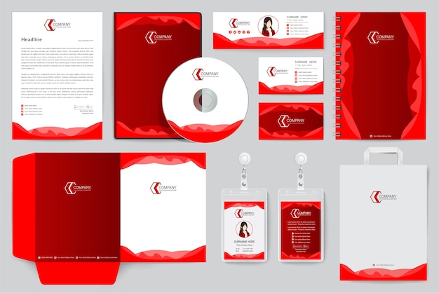 Branding Stationary items and Mockup of Red A4 letterhead blank folder and bag