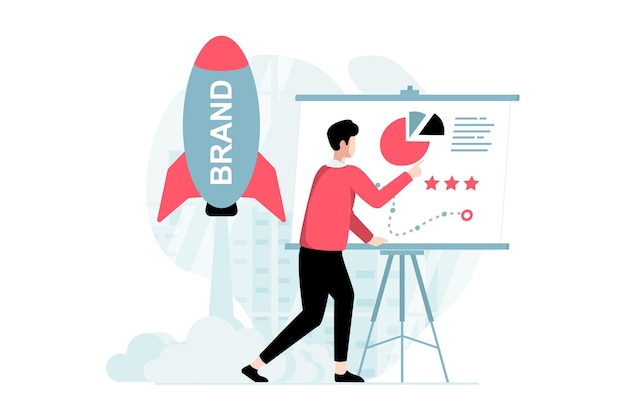 Branding team concept with people scene in flat design Man analyzing data and planning business strategy launches startup promoting new brand Vector illustration with character situation for web