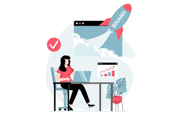 Branding team concept with people scene in flat design Woman analyzing data creating strategy and brand identity developing company personality Vector illustration with character situation for web