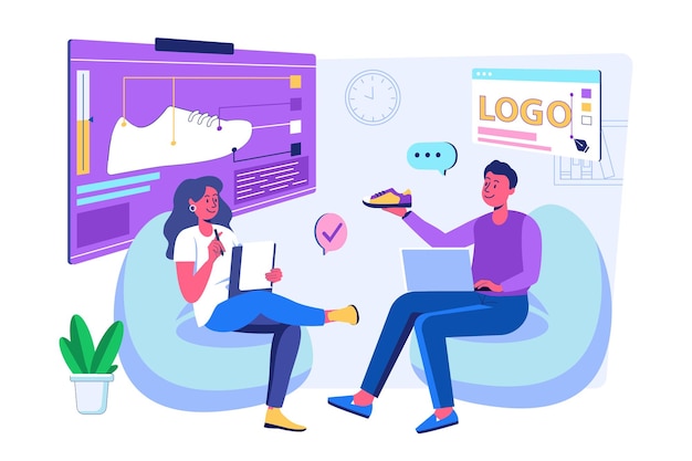 Branding team concept with people scene for web Man and woman discussing idea to promote new product develope of company identity and building brand Vector illustration in flat perspective design