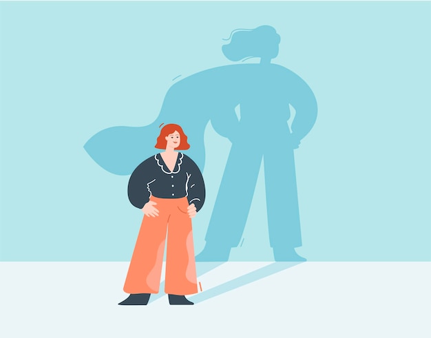 Brave business woman casting shadow with superhero cape. Super strong leader, successful female leadership flat vector illustration. Feminism, girl power, success concept for banner or landing page