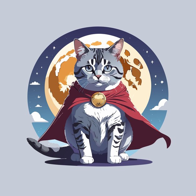 Vector a brave cat dressed as a superhero celebrating halloween under a full moon