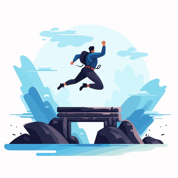 Vector brave character overcoming obstacle with courageous jump actionpacked moment