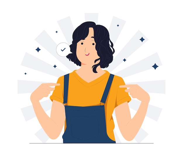 Vector brave confident smiling girl pointing herself with fingers proud and happy confidence high self esteem concept illustration