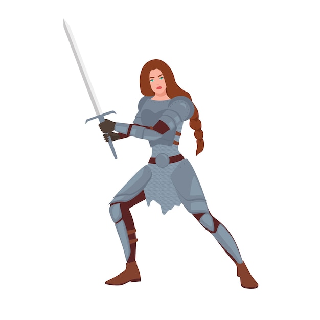 Brave female warrior or medieval knight. Woman holding sword and standing in fighting stance isolated on white background. Maiden with long hair wearing armor. Flat cartoon vector illustration.