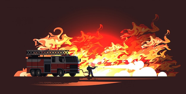 brave fireman near fire truck extinguishing flame firefighter wearing uniform and helmet spraying water to wildfire firefighting emergency service concept flat full length horizontal