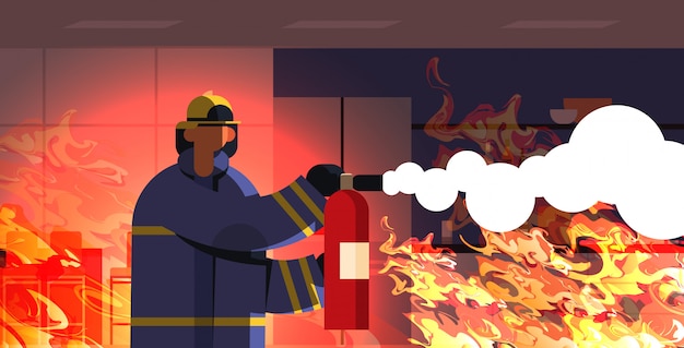 brave fireman using extinguisher firefighter in uniform and helmet firefighting emergency service concept burning house interior orange flame background portrait horizontal