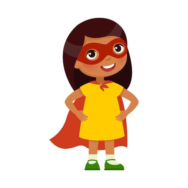 Brave Indian little girl in a heroic pose and a superhero costume Dark skin cartoon character