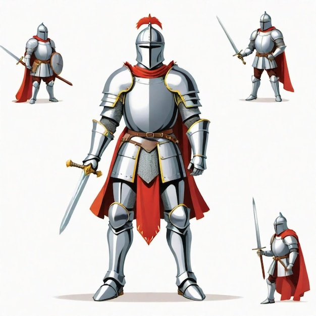 Brave knight cartoon vector set White background isolated