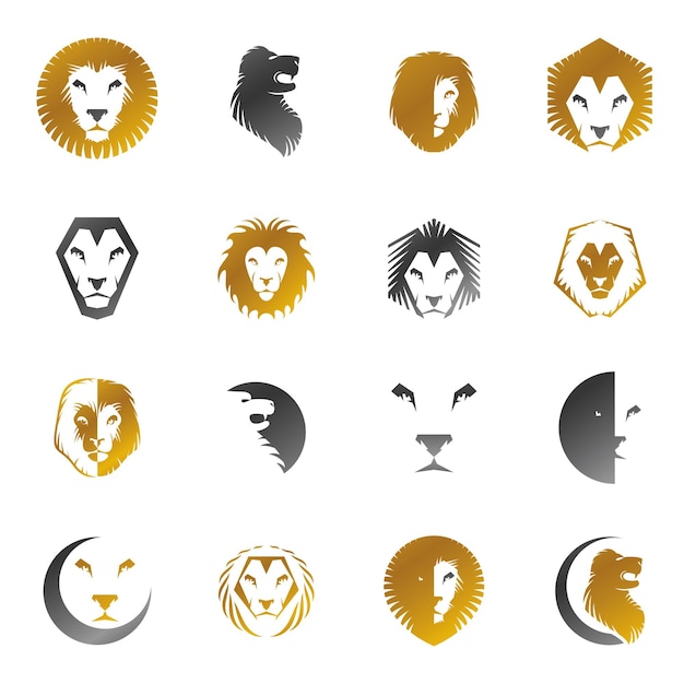 Brave Lion King faces emblems elements set. Heraldic Coat of Arms decorative logos isolated vector illustrations collection.