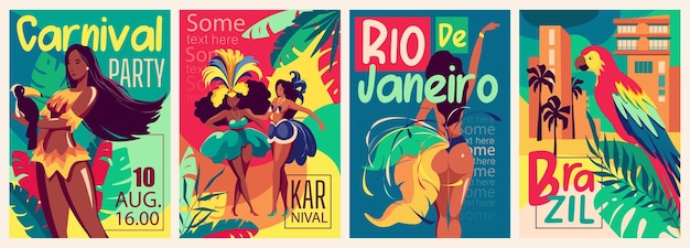 Brazil carnaval cover brochure set in trendy flat design Poster templates with woman in bright festival costumes palms and parrots decoration invitations to traditional event Vector illustration