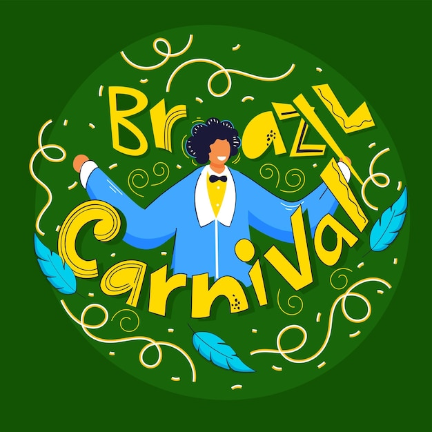 Brazil Carnival Festival Concept With Cartoon Man Character Feathers On Green Background