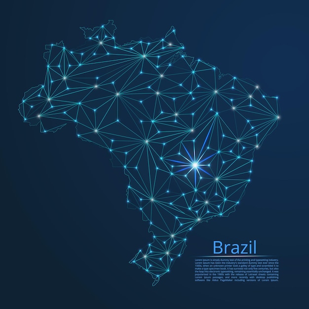 Brazil communication network map Vector low poly image of a global map with lights