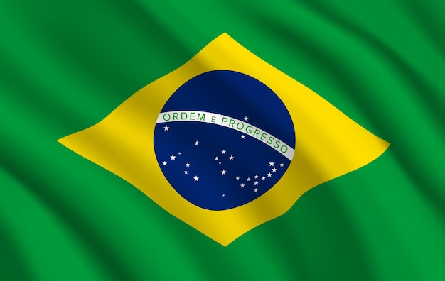 Brazil flag, brazilian official symbol of green and yellow colors with blue globe, stars and line. Realistic Brazilian federative republic country national flag waving fabric waves 3d texture