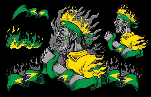 Brazil Flag and Fire elements with People Screaming