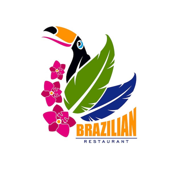 Brazil food restaurant icon with toucan in flowers