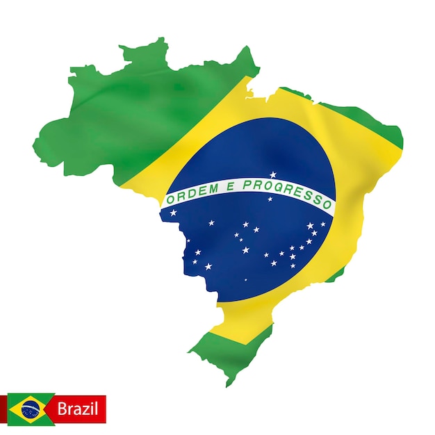 Brazil map with waving flag of country