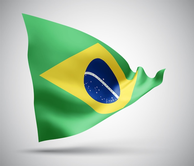 Brazil, vector flag with waves and bends waving in the wind on a white background.