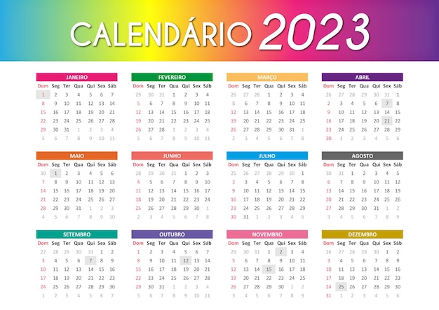 Vector brazilian calendar in portuguese 2023 colorful