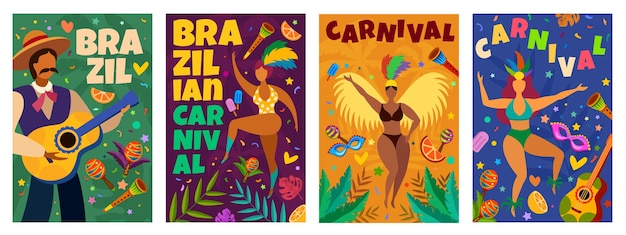 Brazilian carnival. Banner with masquerade latino elements dance parade, dancers and musicians, confetti, masks and feathers vector posters. Brazilian parade poster event illustration