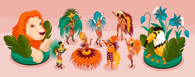 Brazilian carnival isometric narrow set with tourism and fun symbols isolated  illustration