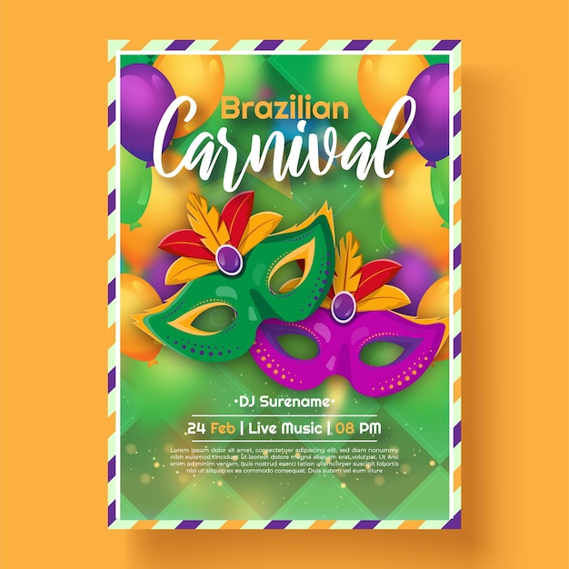 Vector brazilian carnival party flyer template with golden ribbon mask and confetti