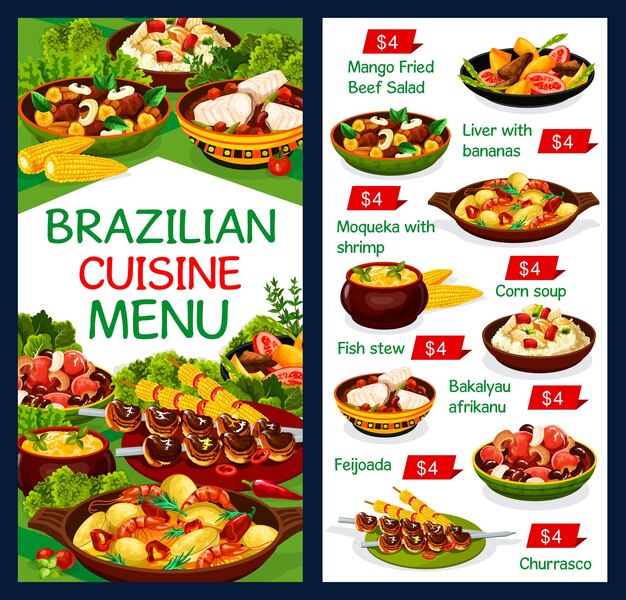 Vector brazilian cuisine food restaurant menu dishes