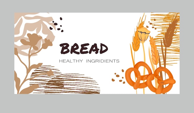 Bread bakery banner or flyer design with cereals pretzel and abstract decorative details flat vector illustration Poster for bakehouse or bakeshop