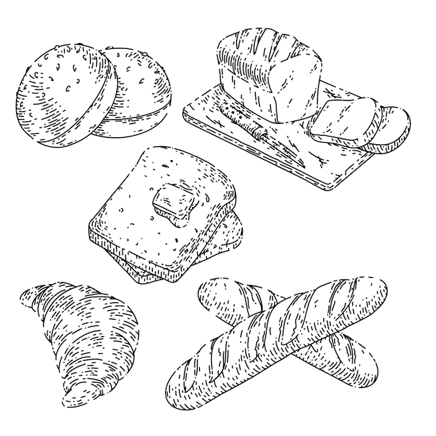 Bread bakery food set sketch hand drawn vector