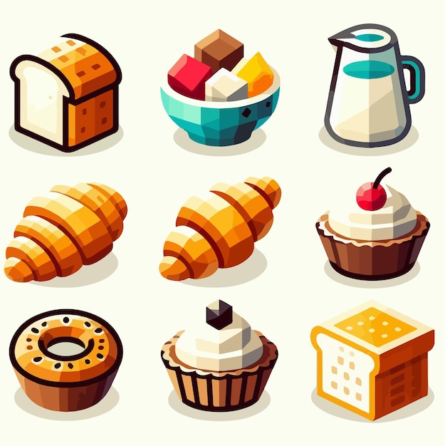 Bread and Bakery Icon Set Flat Silhouette Version low poly colourfull