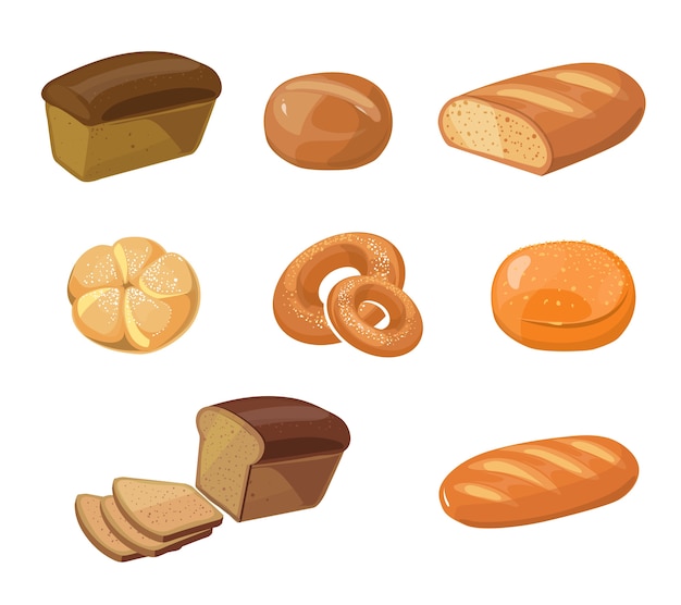 Bread bakery products vector cartoon icons