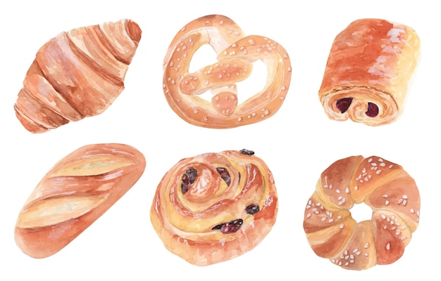 Bread Bun Croissant and Danish Pastry bakery watercolor vector