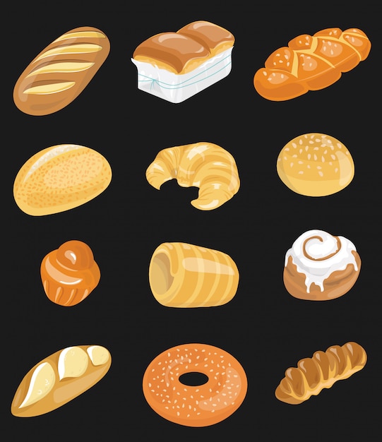 Bread icons set for bakery shop. Collection of baking. Flour products for the market.