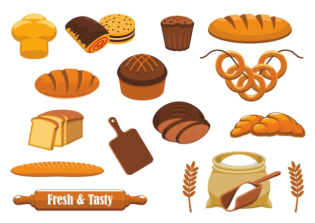 Bread isolated icon set with wheat and rye bread, long loaf, baguette, croissant, cupcake, sweet bun, toast, bagel, cookie, glazed roll, flour bag, cereal ear, rolling pin and cutting board