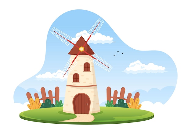 Bread Mill Illustration with Wheat Sacks Various Breads and Windmill in Hand Drawn Templates