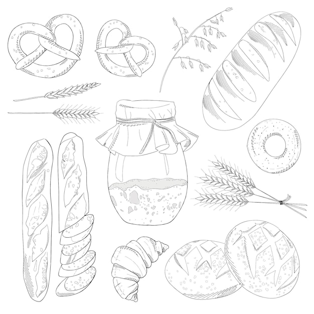 Bread monochrome sketch and baker items. Sourdough, wheat bread bagel, croissant, baguette