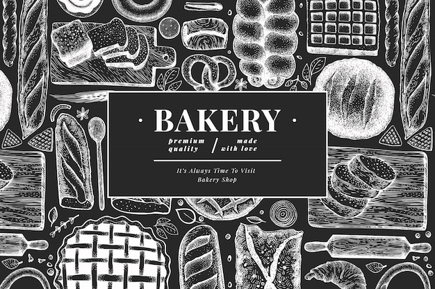 Bread and pastry banner.  bakery hand drawn illustration on chalk board. Vintage  template.