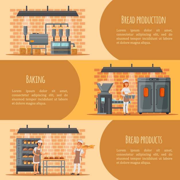 Bread production vector banner web template set