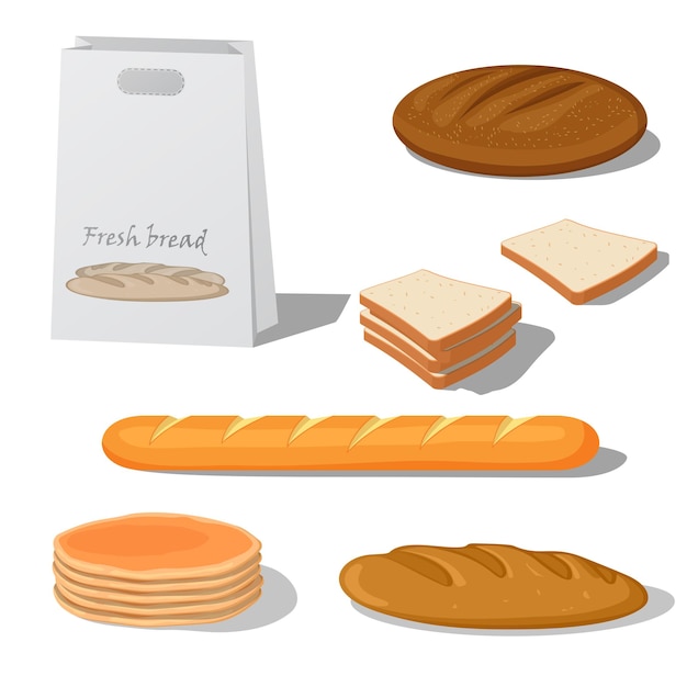 Bread set vector illustration cartoon style isolated on white background, different types of bread French baguette, buns, bread for sandwiches