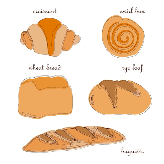 Bread types vector set French croissant swirl bun white bread rye loaf baguette Bakery menu