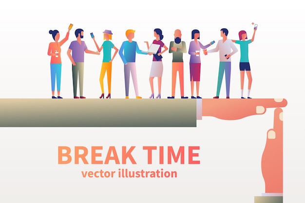 Break time concept Gesture as a symbol of a break in work Vector illustration flat design style Group of people communicate and drink coffee Lunchtime in office Modern young people