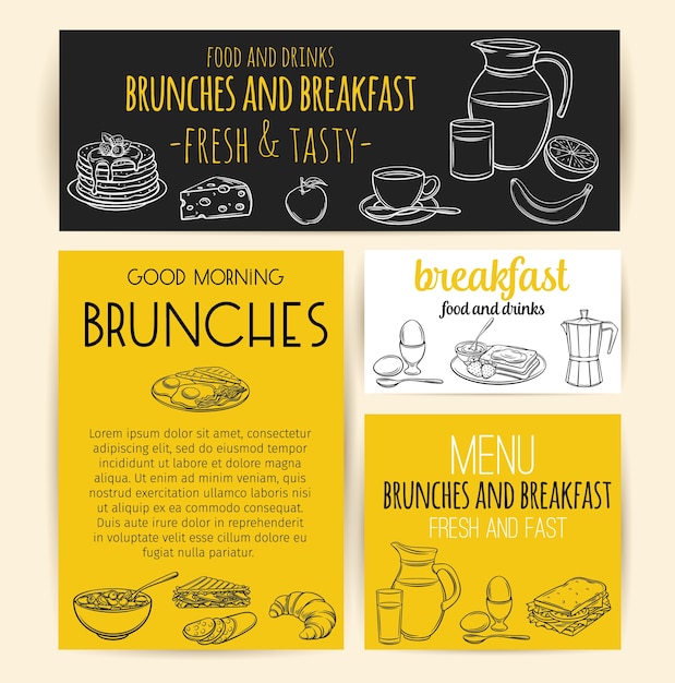 breakfast banners. Engraving jug of milk, coffee pot, cup, juice, sandwich and fried eggs.