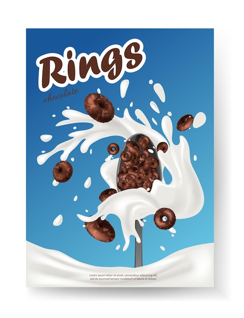 Breakfast cereal poster realistic d milk with rings ring cereal advertisement banner