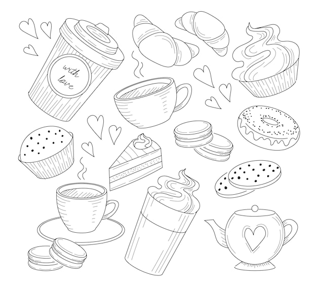 Breakfast coffee hand drawn sketch set