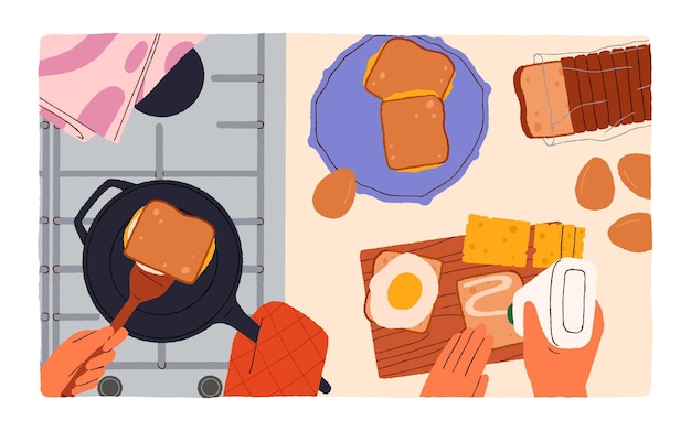 Breakfast cook process, top view. Couple hands cooking lunch, morning food together. Making toasts, sandwiches with egg, cheese ingredients on bread at kitchen table worktop. Flat vector illustration