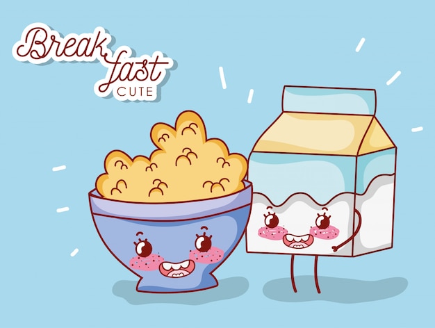 Breakfast cute bowl with cereal and milk box cartoon