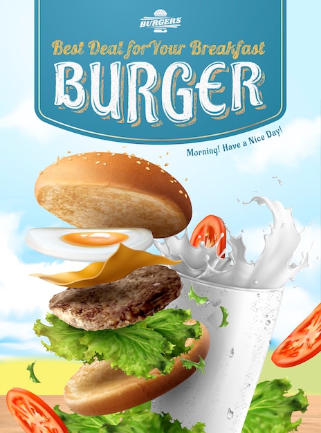 Breakfast egg hamburger ads with milk on blue sky background in 3d illustration